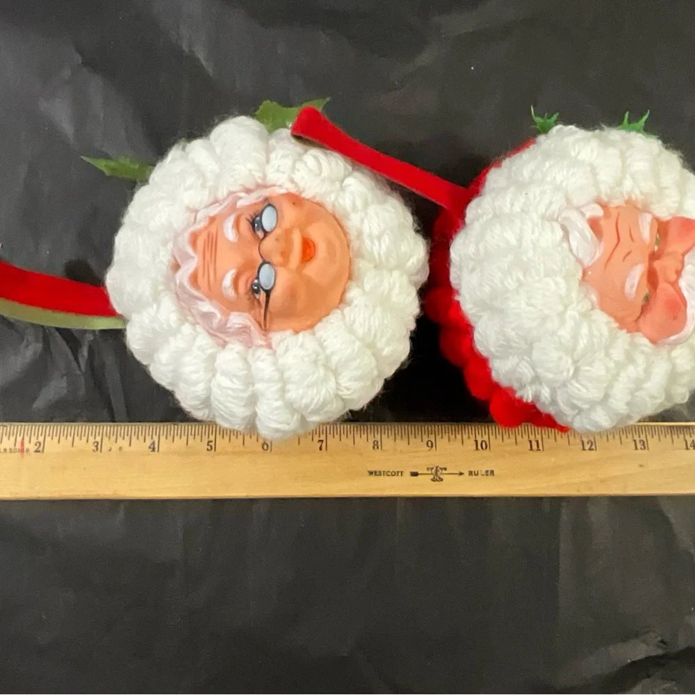 Vintage Set of 2 Handmade Santa and Mrs Claus Yarn Ornaments with Plastic Faces